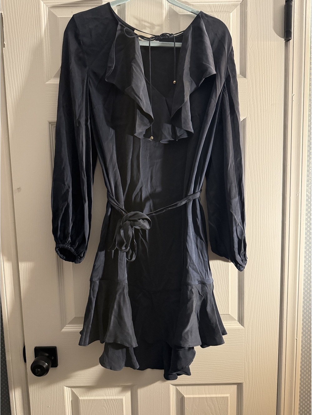 Zimmermann 100% Silk Navy Ruffle Tie Waist Long Sleeve Dress